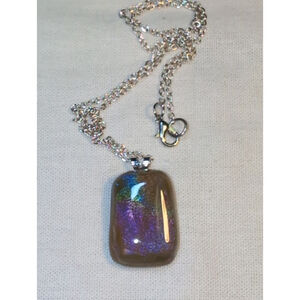 Handmade Fused Glass Pendant on Chain, Brown Base with Dichroic and Clear Cap